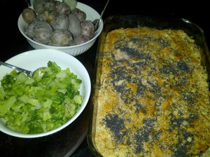 Poppy Seed Chicken Casserole, boiled potatoes, and steamed broccoli